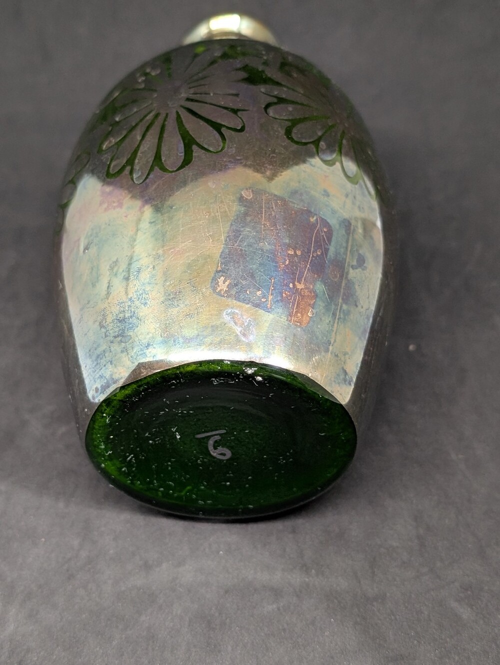 Vtg Silver Overlay Green Glass Decanter Bottle - Picture 9 of 12